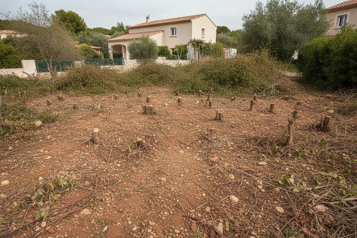 Terrain en pente débroussaillé à Costebelle, après l’intervention à Hyères