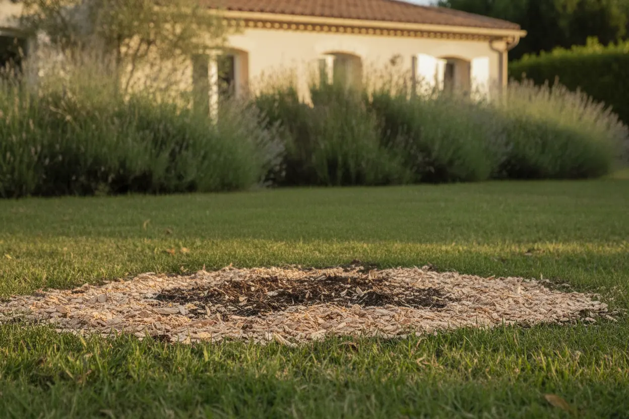 Souche rognée au ras du sol dans un jardin hyérois, après l’intervention à Hyères