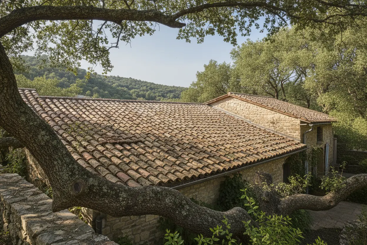 Chêne dégagé au-dessus d'une toiture, après l’intervention à Hyères