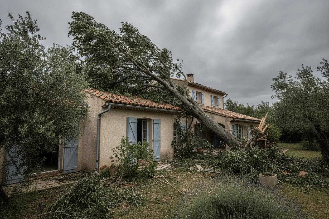 Arbre penché sur une toiture sécurisé après la tempête, avant l’intervention à Hyères